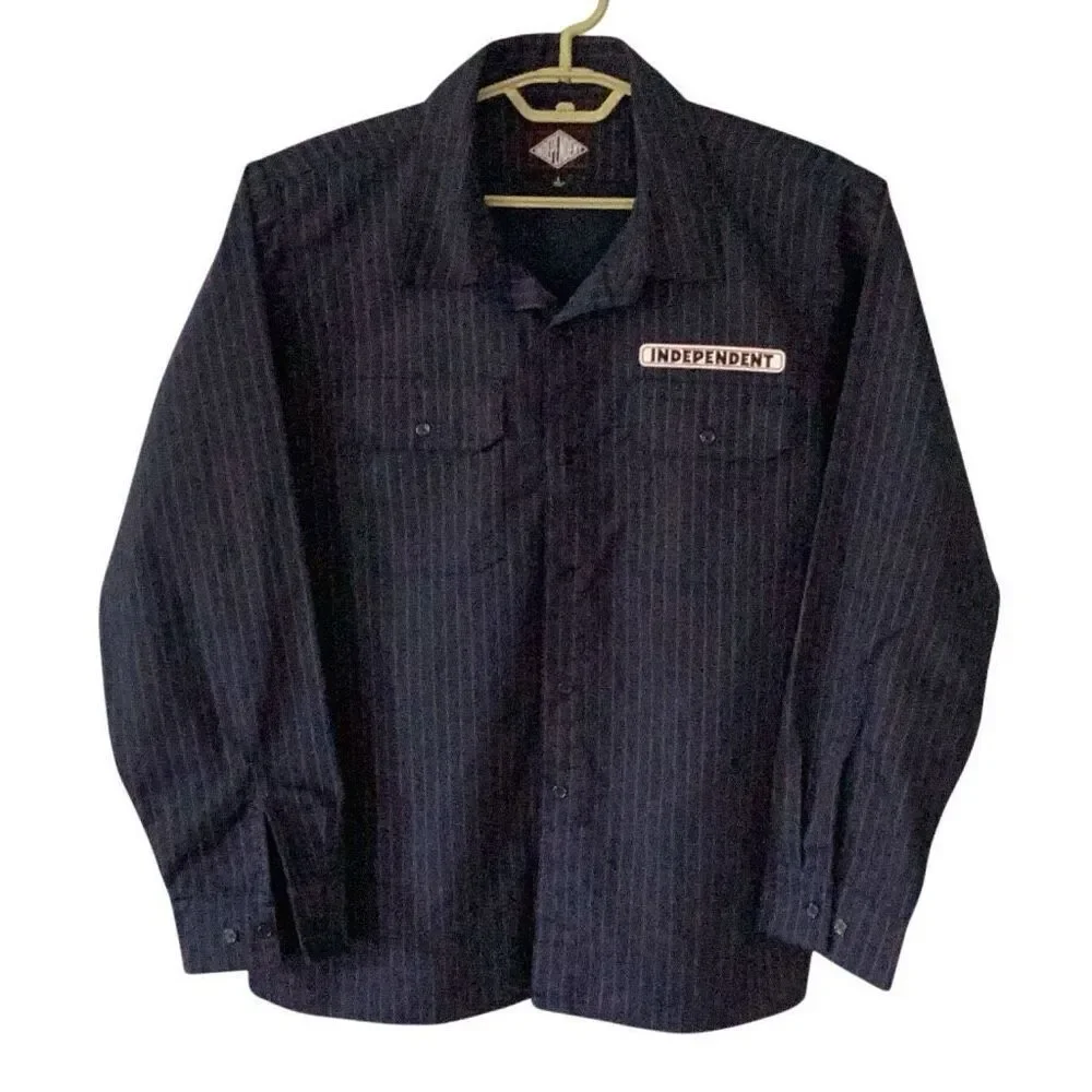 Independent Bar Logo Navy & Red Pinstripe Button Up Shirt Men’s Large - Picture 2 of 10